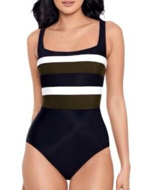Miraclesuit Black, Olive & White Stripe Square Neck One-Piece